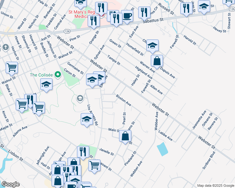 map of restaurants, bars, coffee shops, grocery stores, and more near 20 Boston Avenue in Lewiston