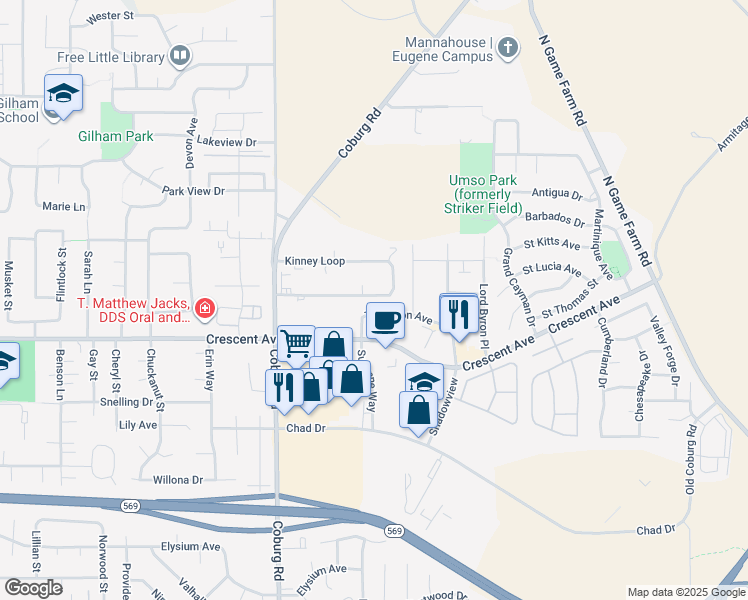 map of restaurants, bars, coffee shops, grocery stores, and more near 3018 Kinney Loop in Eugene