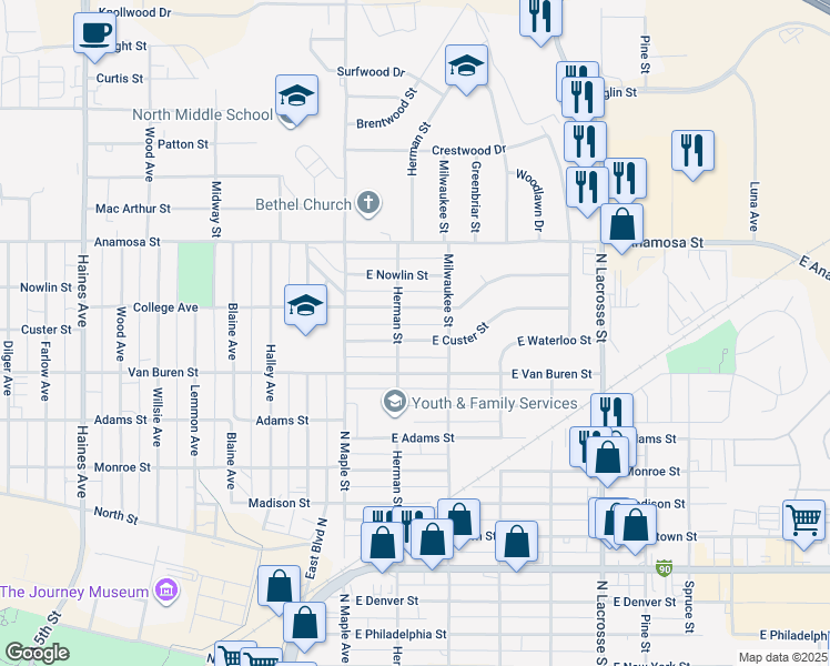 map of restaurants, bars, coffee shops, grocery stores, and more near 212 East Custer Street in Rapid City
