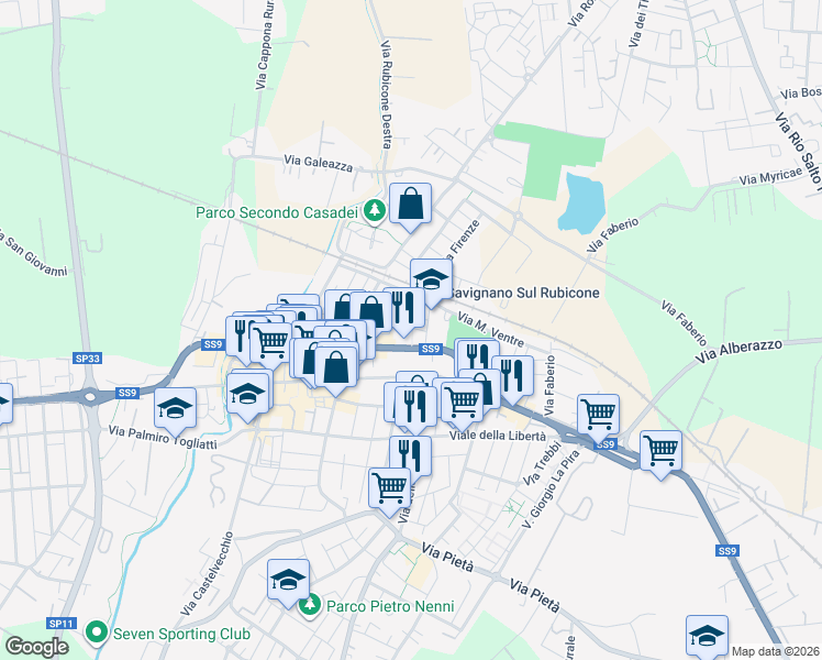 map of restaurants, bars, coffee shops, grocery stores, and more near 62 Via Filzi in Savignano sul Rubicone