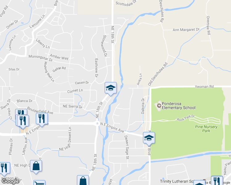 map of restaurants, bars, coffee shops, grocery stores, and more near 63198 Watercress Way in Bend