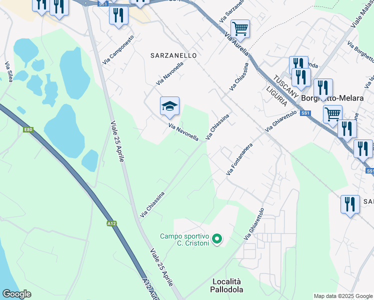 map of restaurants, bars, coffee shops, grocery stores, and more near 36 Via Fontananera in Provincia della Spezia