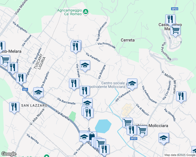 map of restaurants, bars, coffee shops, grocery stores, and more near 17 Via Carbone in Colombiera-molicciara