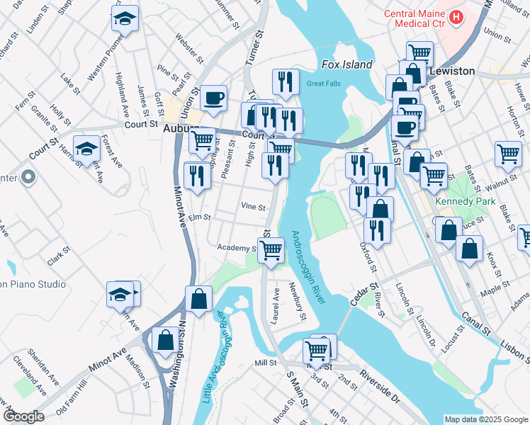 map of restaurants, bars, coffee shops, grocery stores, and more near 217 Main Street in Auburn