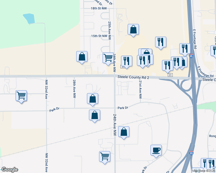 map of restaurants, bars, coffee shops, grocery stores, and more near 1040 24th Avenue Northwest in Owatonna