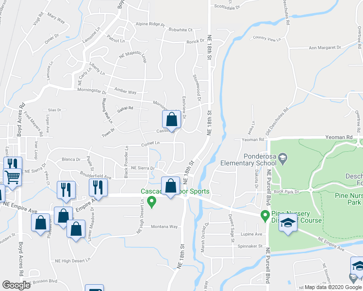 map of restaurants, bars, coffee shops, grocery stores, and more near 20854 Nova Loop in Bend