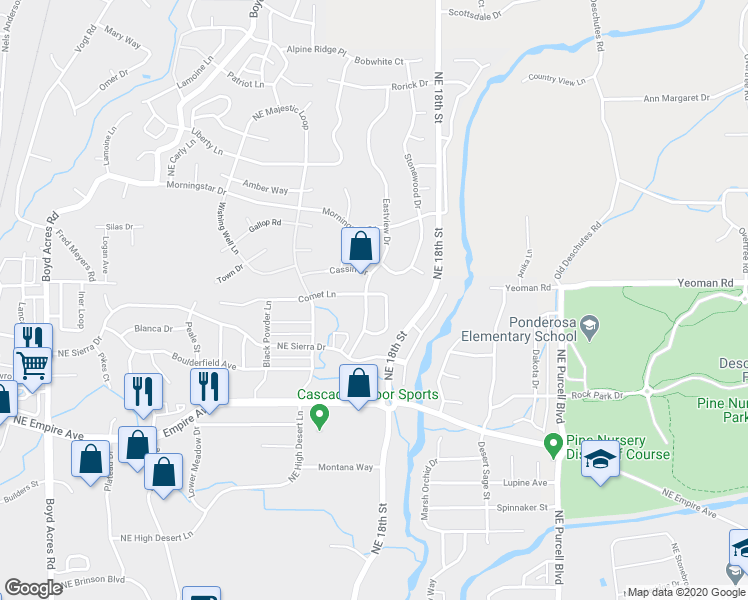 map of restaurants, bars, coffee shops, grocery stores, and more near 20854 Nova Loop in Bend