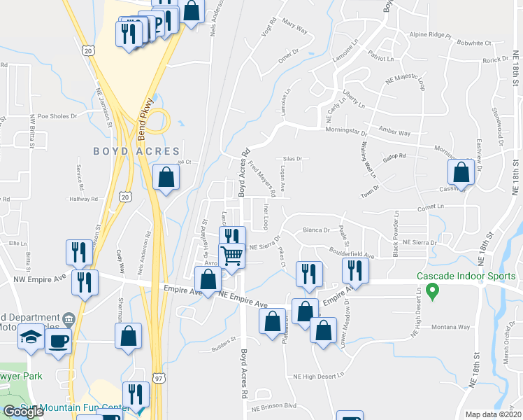 map of restaurants, bars, coffee shops, grocery stores, and more near 63116 Iner Loop in Bend