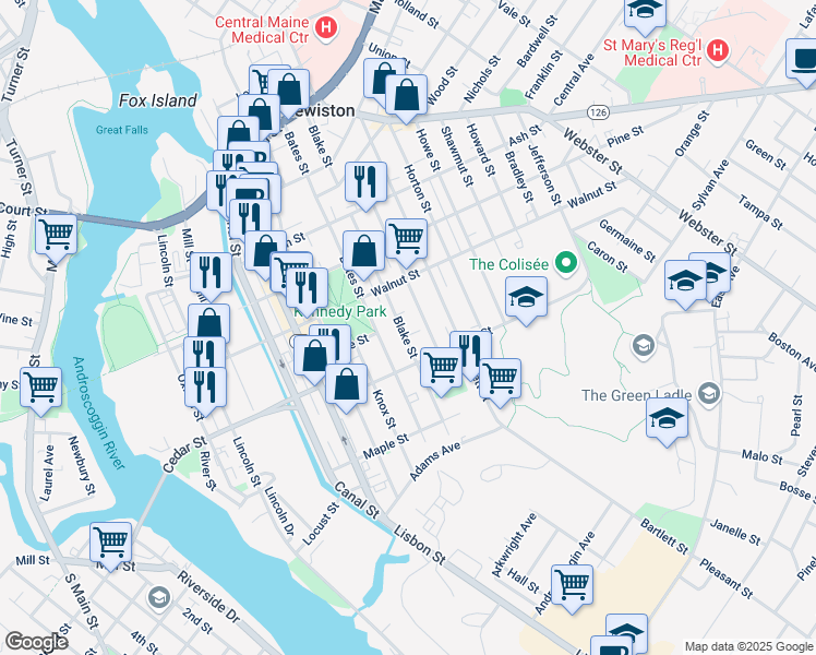 map of restaurants, bars, coffee shops, grocery stores, and more near 240 Bates Street in Lewiston