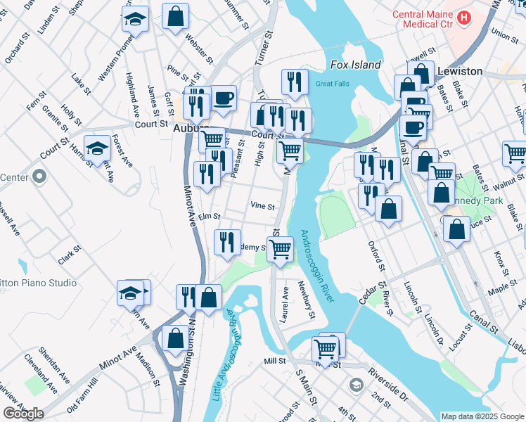 map of restaurants, bars, coffee shops, grocery stores, and more near 19 Elm Street in Auburn