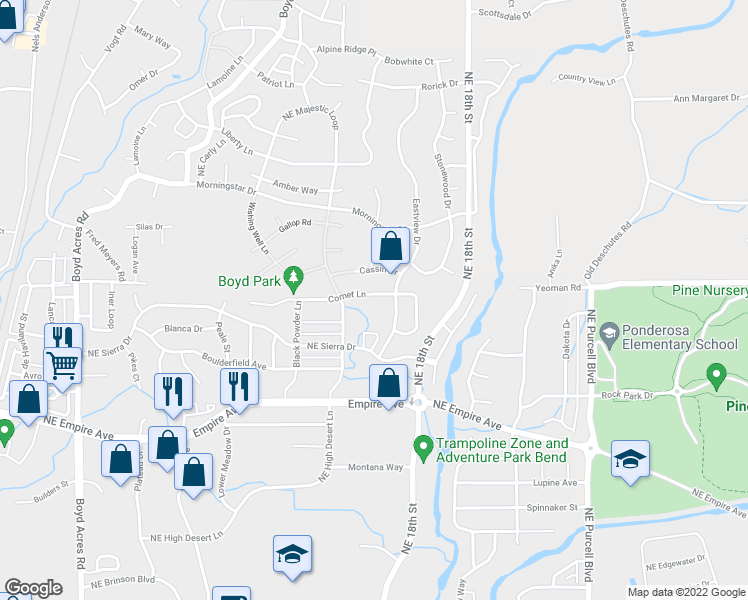 map of restaurants, bars, coffee shops, grocery stores, and more near 20813 Comet Lane in Bend