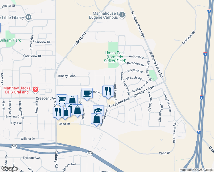 map of restaurants, bars, coffee shops, grocery stores, and more near 2940 Kipling Way in Eugene