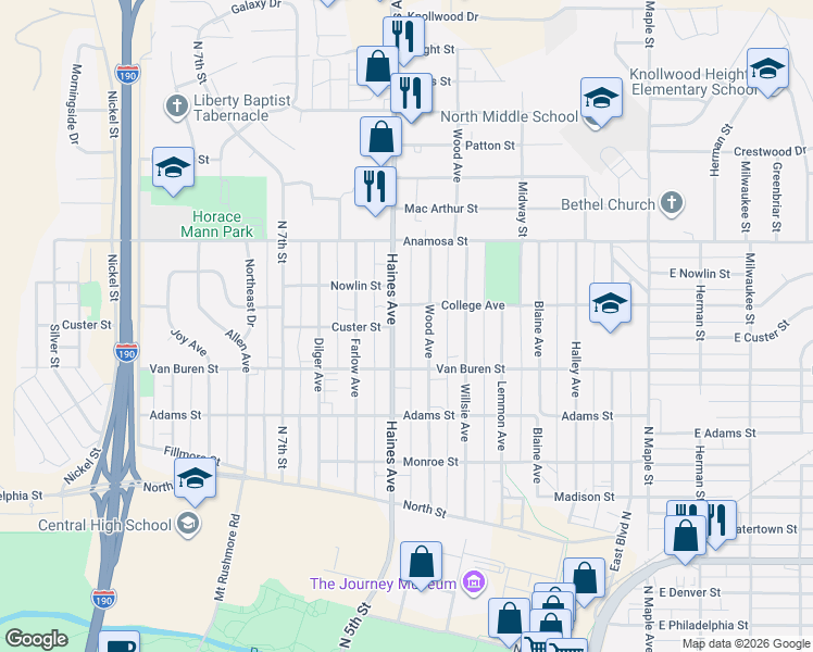 map of restaurants, bars, coffee shops, grocery stores, and more near 921 Wood Avenue in Rapid City