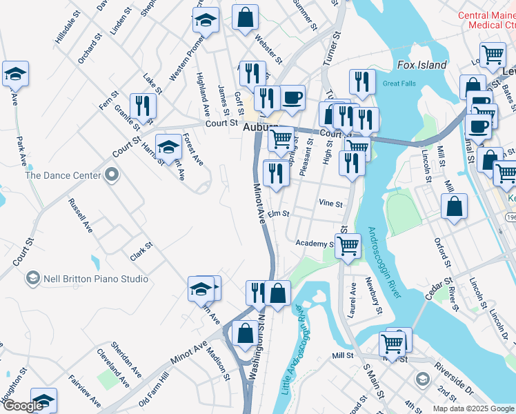 map of restaurants, bars, coffee shops, grocery stores, and more near 91 Minot Avenue in Auburn