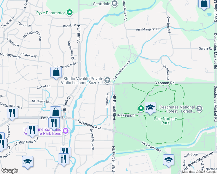 map of restaurants, bars, coffee shops, grocery stores, and more near 63175 Dakota Drive in Bend