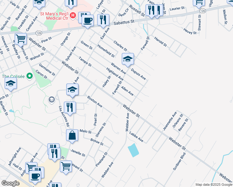 map of restaurants, bars, coffee shops, grocery stores, and more near 7 Dimsdale Avenue in Lewiston