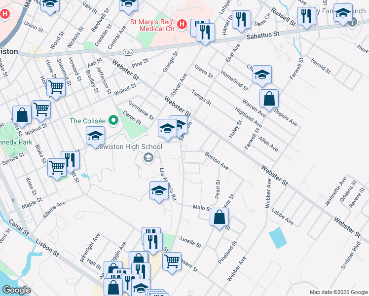 map of restaurants, bars, coffee shops, grocery stores, and more near 5 Boston Avenue in Lewiston