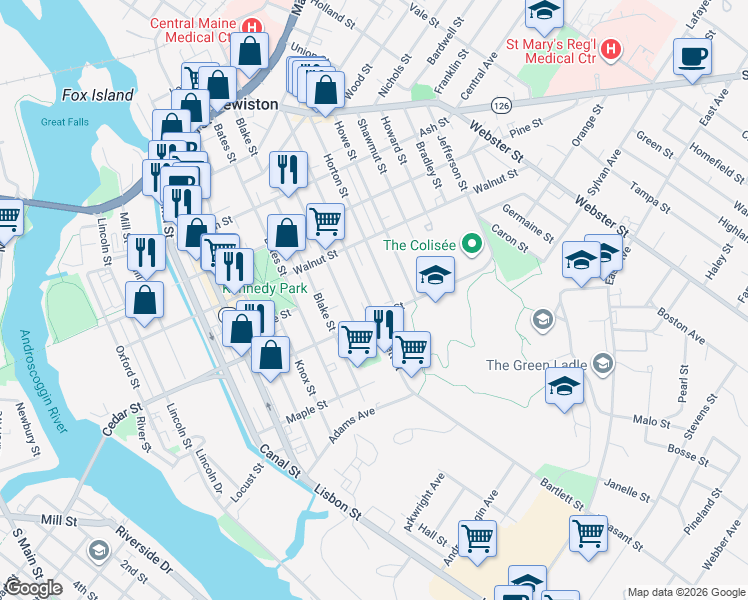 map of restaurants, bars, coffee shops, grocery stores, and more near 186 Bartlett Street in Lewiston