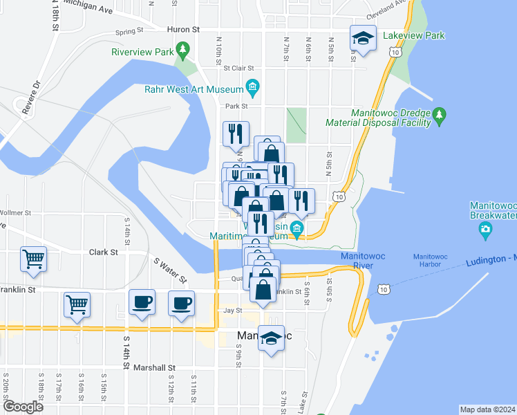 map of restaurants, bars, coffee shops, grocery stores, and more near 818 York Street in Manitowoc