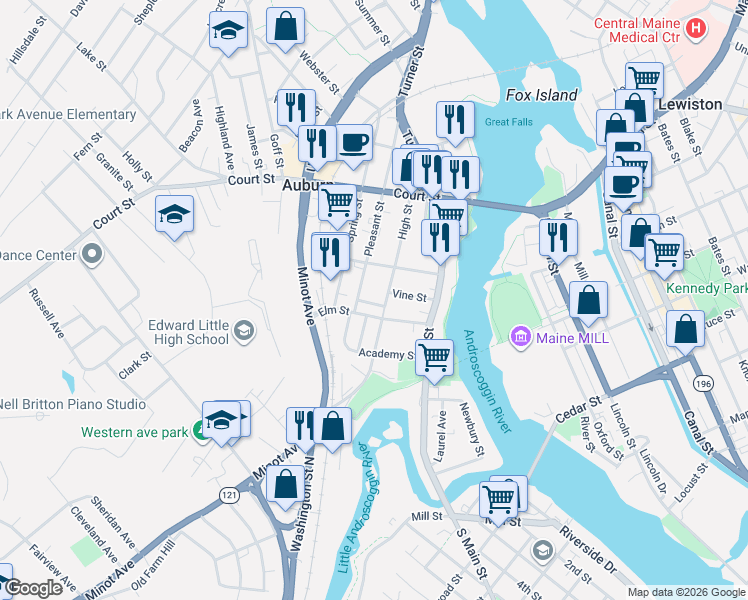 map of restaurants, bars, coffee shops, grocery stores, and more near 43 Elm Street in Auburn