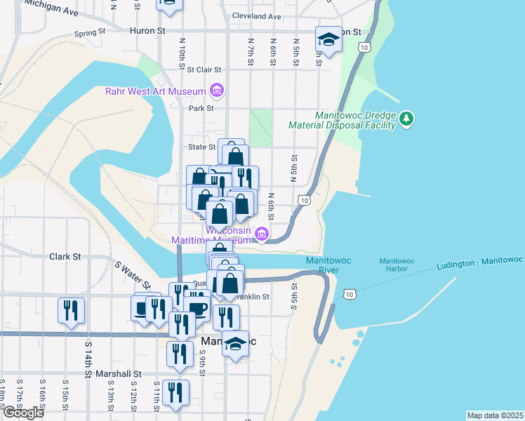 map of restaurants, bars, coffee shops, grocery stores, and more near 600 York Street in Manitowoc