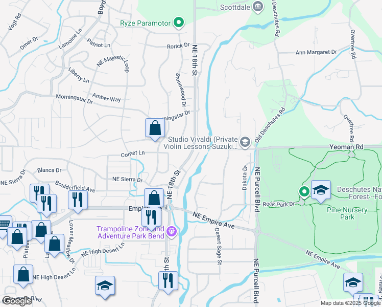 map of restaurants, bars, coffee shops, grocery stores, and more near 63181 Watercress Way in Bend