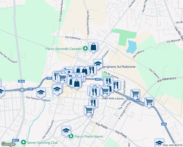 map of restaurants, bars, coffee shops, grocery stores, and more near 62 Via Filzi in Savignano Sul Rubicone