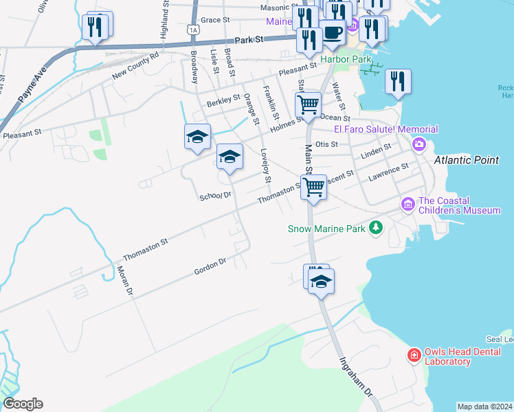 map of restaurants, bars, coffee shops, grocery stores, and more near 8 Thomaston Street in Rockland
