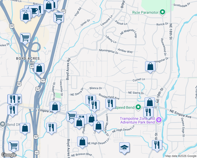 map of restaurants, bars, coffee shops, grocery stores, and more near 63187 Peale Street in Bend