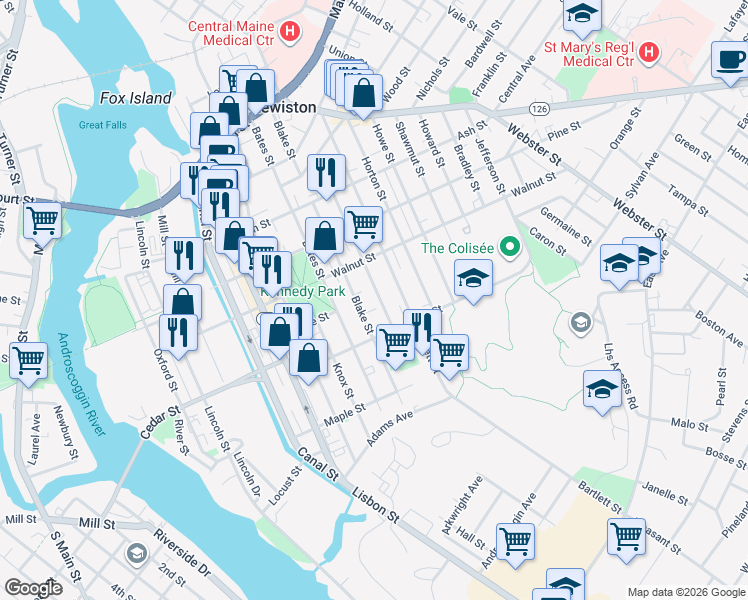map of restaurants, bars, coffee shops, grocery stores, and more near 137 Pierce Street in Lewiston