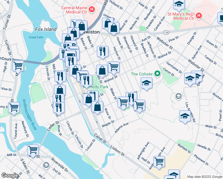 map of restaurants, bars, coffee shops, grocery stores, and more near 240 Bates Street in Lewiston