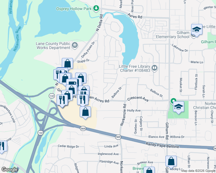 map of restaurants, bars, coffee shops, grocery stores, and more near 1475 Green Acres Road in Eugene