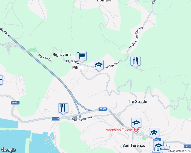 map of restaurants, bars, coffee shops, grocery stores, and more near 232 Via Umberto Biancamano in Pitelli