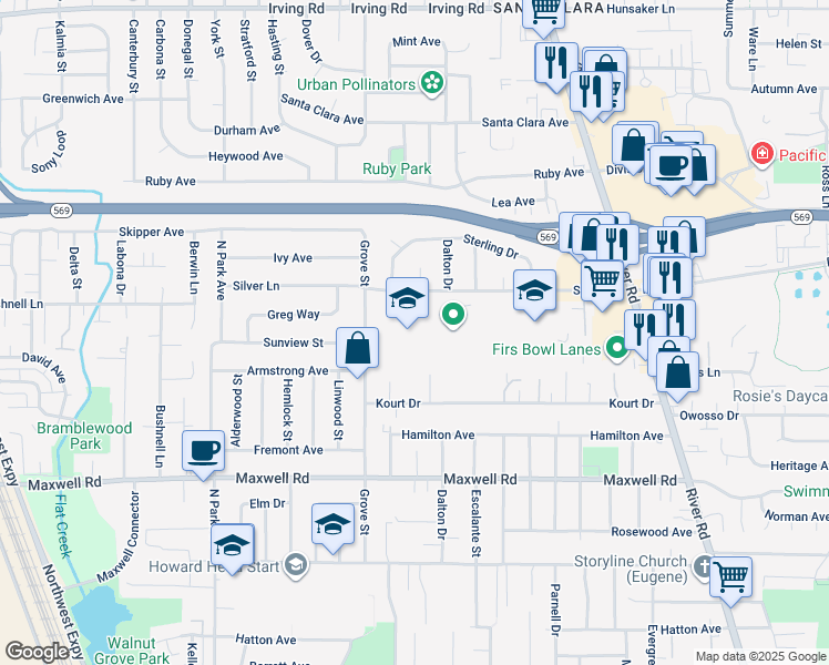 map of restaurants, bars, coffee shops, grocery stores, and more near 250 Silver Lane in Eugene