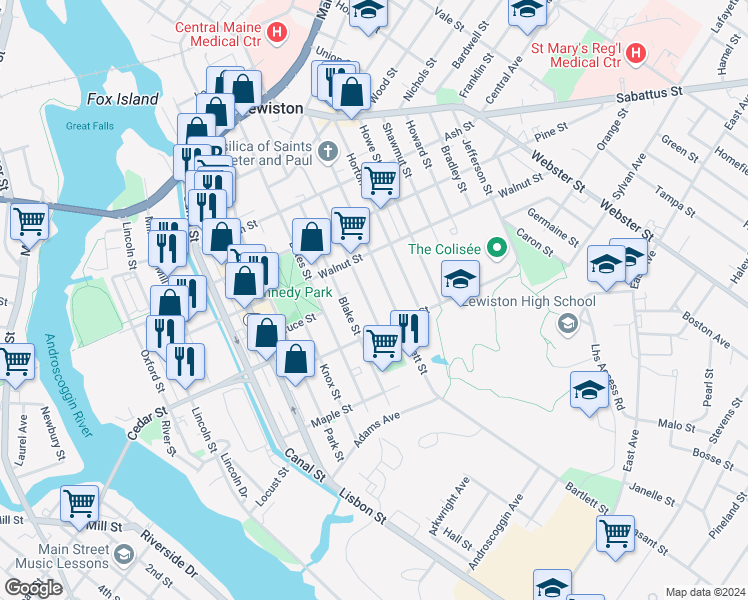 map of restaurants, bars, coffee shops, grocery stores, and more near 130 Pierce Street in Lewiston
