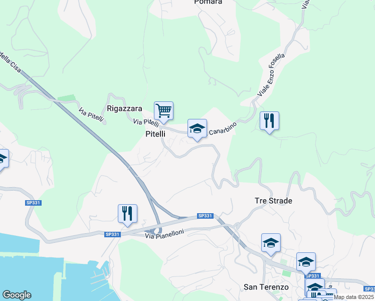 map of restaurants, bars, coffee shops, grocery stores, and more near 150 Via Umberto Biancamano in Pitelli