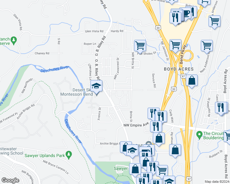 map of restaurants, bars, coffee shops, grocery stores, and more near 63195 Via Palazzo in Bend