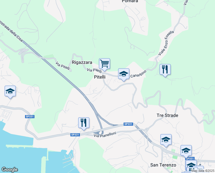 map of restaurants, bars, coffee shops, grocery stores, and more near 110 Via Umberto Biancamano in Pitelli