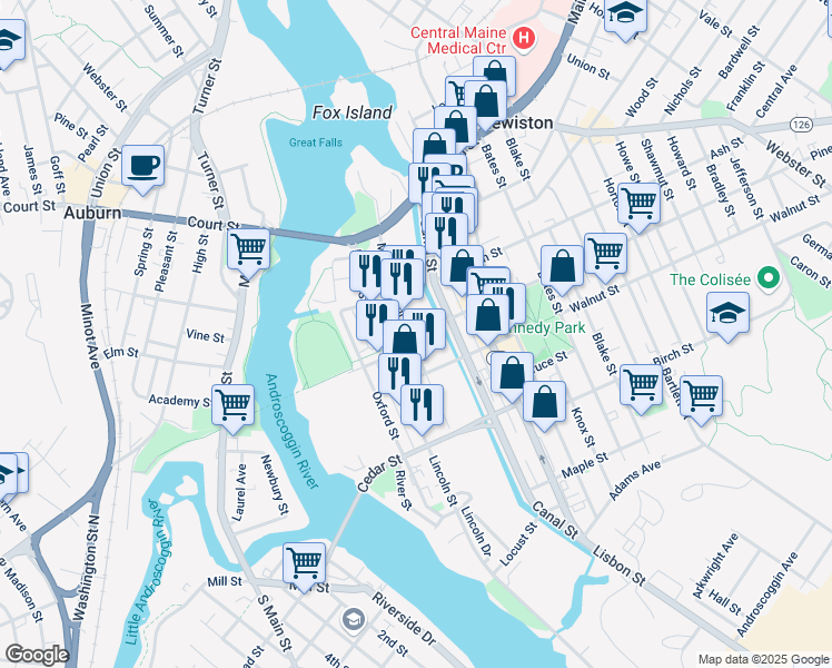 map of restaurants, bars, coffee shops, grocery stores, and more near 36 Chestnut Street in Lewiston