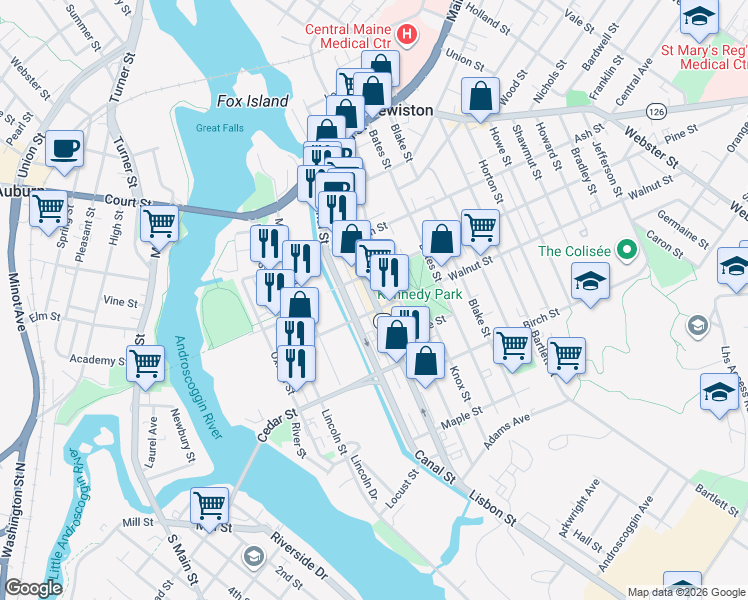 map of restaurants, bars, coffee shops, grocery stores, and more near 256 Lisbon Street in Lewiston