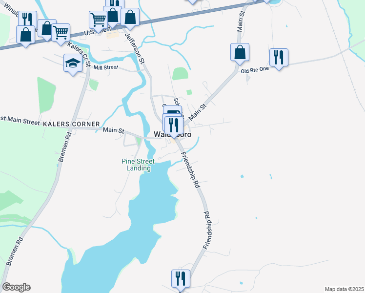 map of restaurants, bars, coffee shops, grocery stores, and more near 41 Friendship Road in Waldoboro