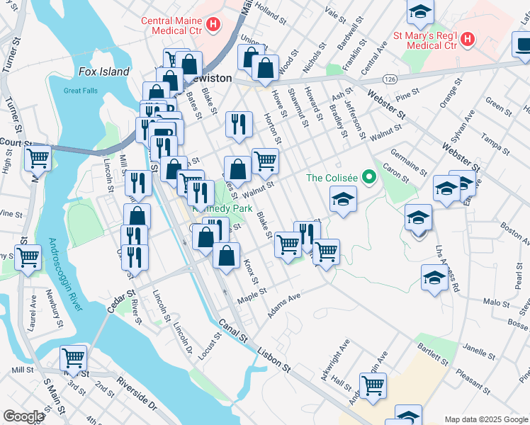 map of restaurants, bars, coffee shops, grocery stores, and more near 240 Bates Street in Lewiston