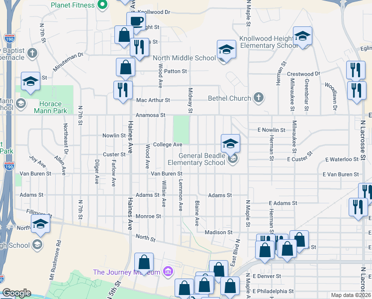 map of restaurants, bars, coffee shops, grocery stores, and more near 923 Blaine Ave in Rapid City