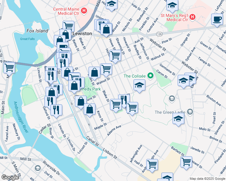 map of restaurants, bars, coffee shops, grocery stores, and more near 128 Pierce Street in Lewiston