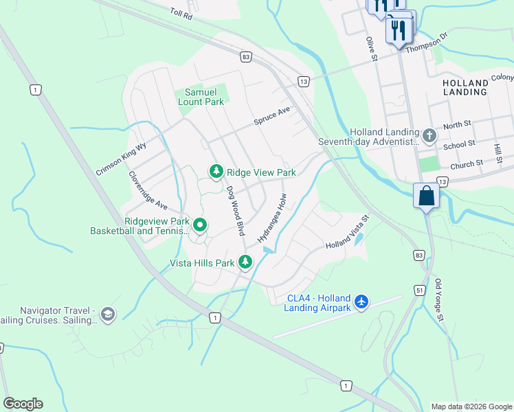 map of restaurants, bars, coffee shops, grocery stores, and more near 62 Pear Blossom Way in East Gwillimbury