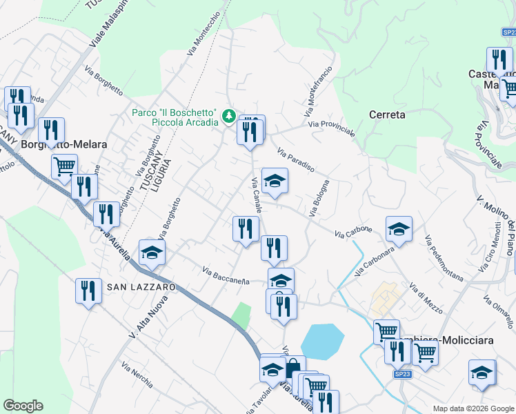 map of restaurants, bars, coffee shops, grocery stores, and more near 115 Via Canale in Colombiera-Molicciara