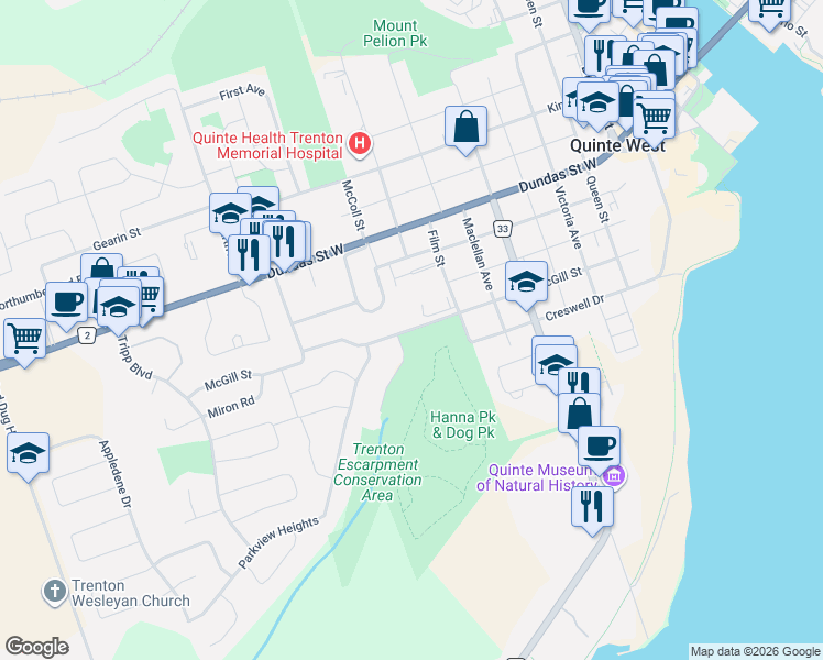 map of restaurants, bars, coffee shops, grocery stores, and more near McGill Street in Quinte West