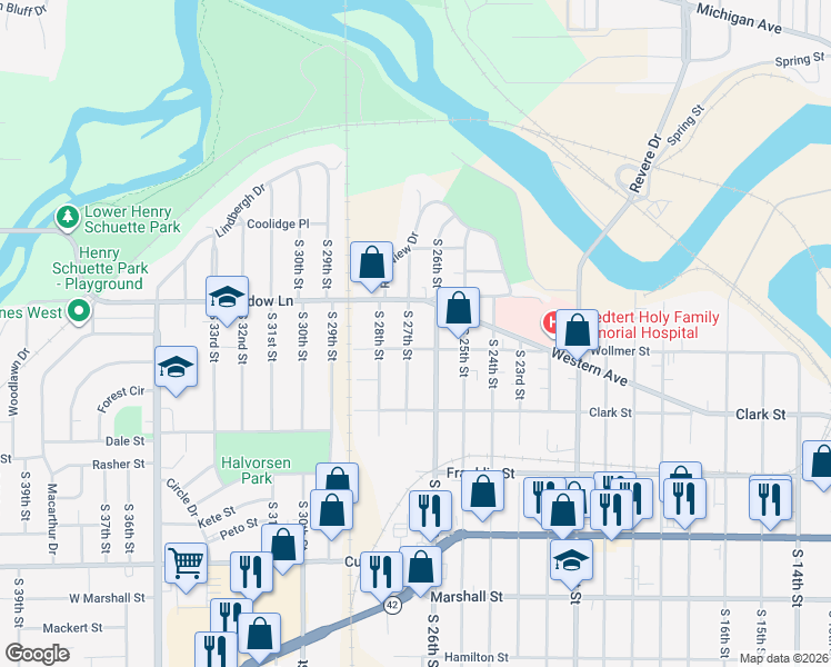 map of restaurants, bars, coffee shops, grocery stores, and more near 2613 Wollmer Street in Manitowoc