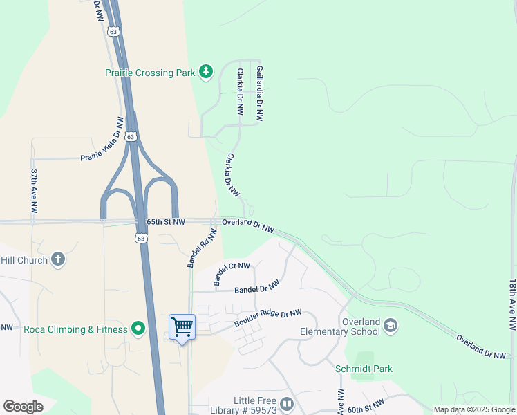 map of restaurants, bars, coffee shops, grocery stores, and more near 6520 Clarkia Drive Northwest in Rochester