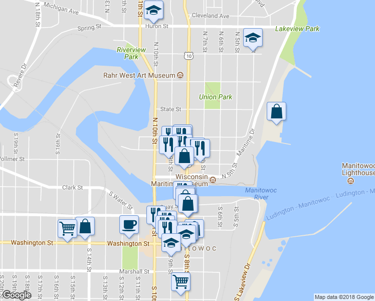 map of restaurants, bars, coffee shops, grocery stores, and more near 299 North 8th Street in Manitowoc